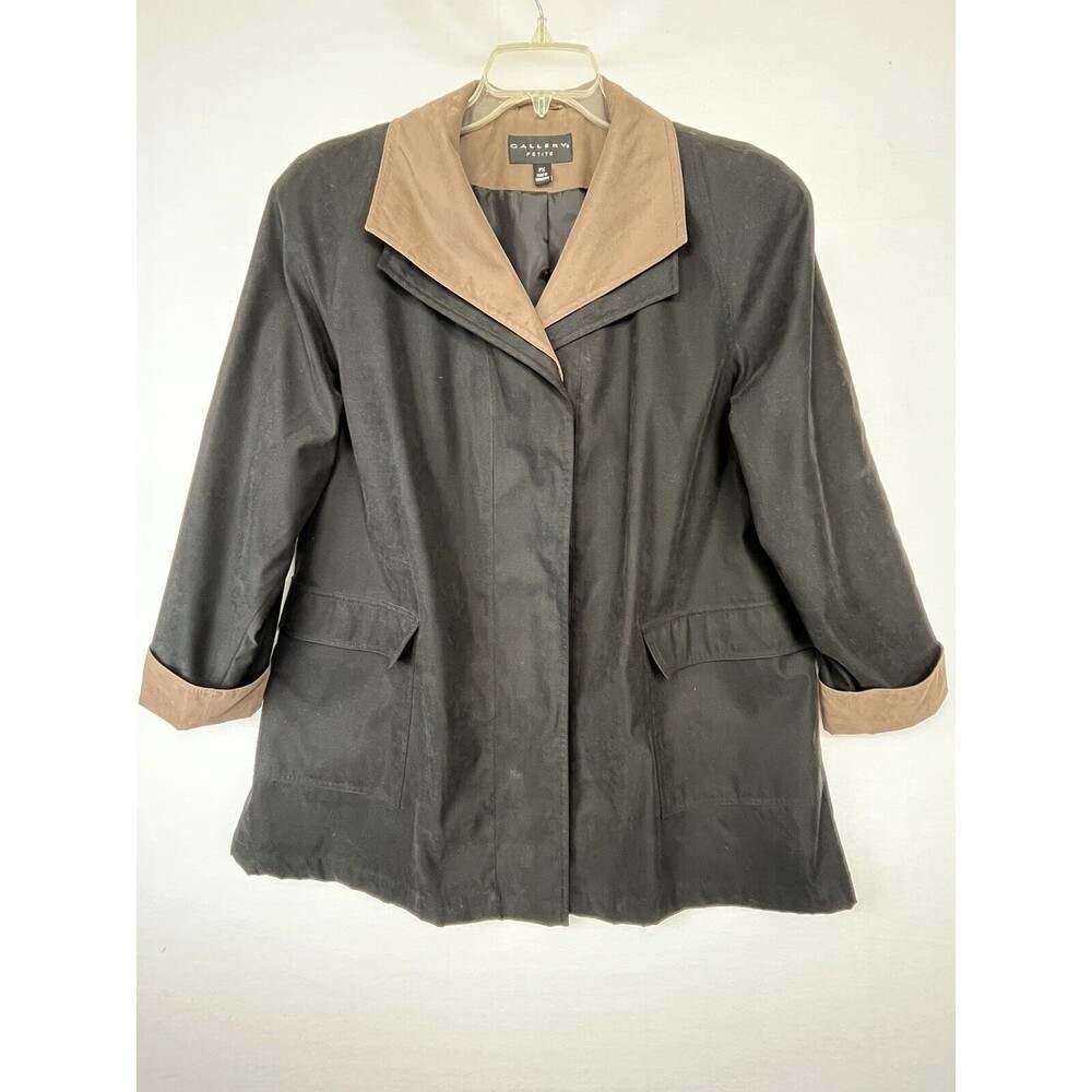 Woman’s Microfiber Raincoat Gallery Petite Black Button Front Pockets Size PX